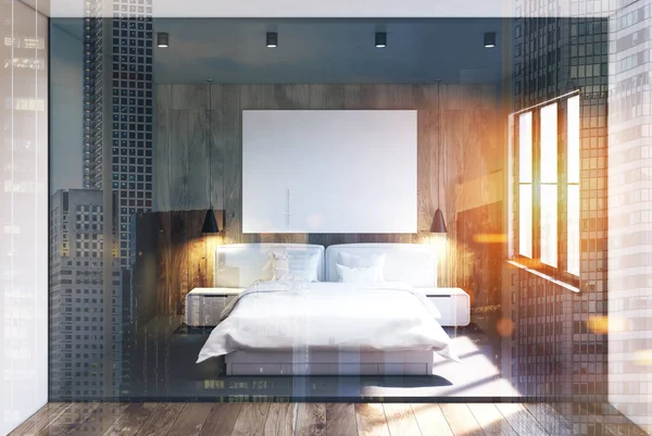 Интерьер серой и деревянной спальни, тонированный плакат — стоковое фото