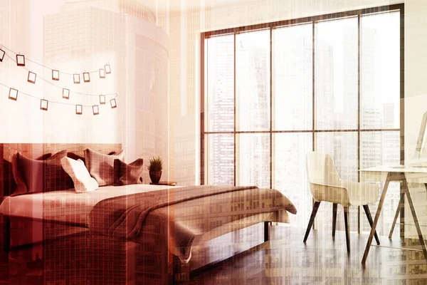 Beyaz yatak odası iç, ev ofis tonda