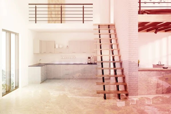 Beyaz tuğla mutfak, ahşap konsolları Çift Kişilik