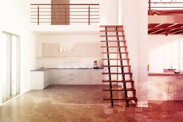 Beyaz tuğla mutfak, ahşap gri Çift Kişilik konsolları