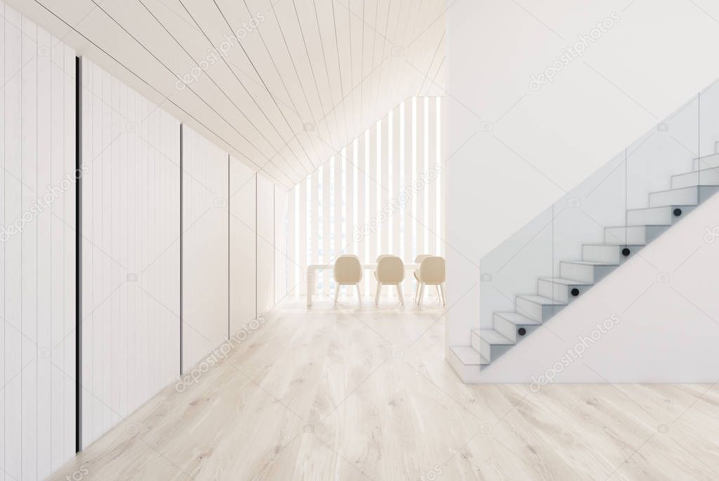 Empty white room, stairs, table