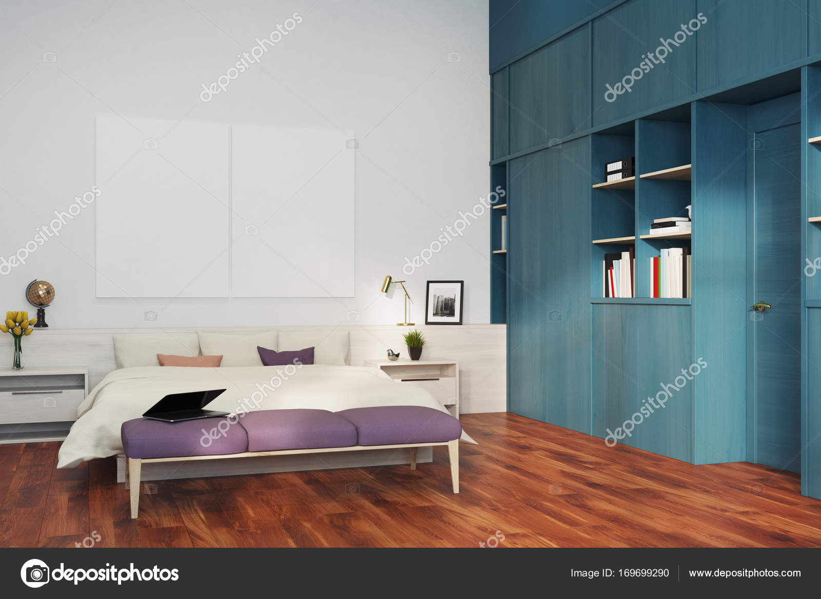 Dormitorio blanco, estantería azul, esquina — Foto de stock
