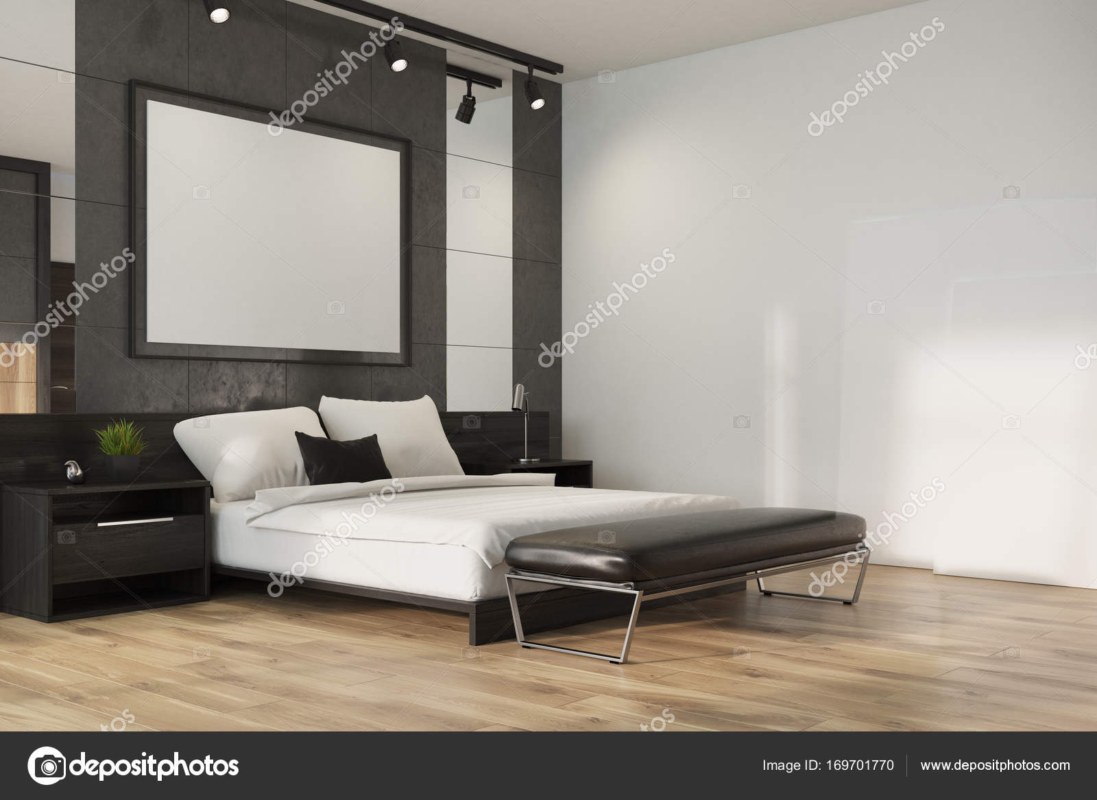 Grijze loft slaapkamer, poster hoek — Stockfoto © denisismagilov ... Grijze loft slaapkamer, poster hoek — Stockfoto © denisismagilov ...