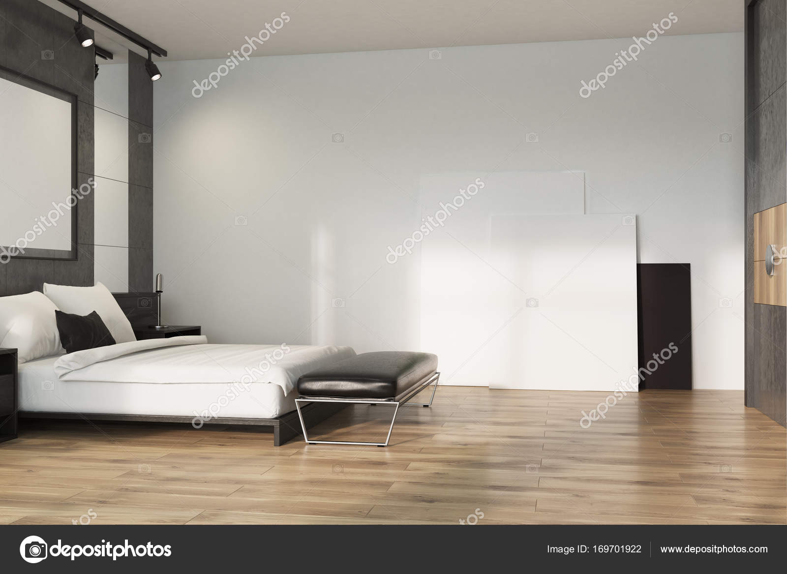 Grijze loft slaapkamer, poster op verdieping — Stockfoto ... Grijze loft slaapkamer, poster op verdieping — Stockfoto ...