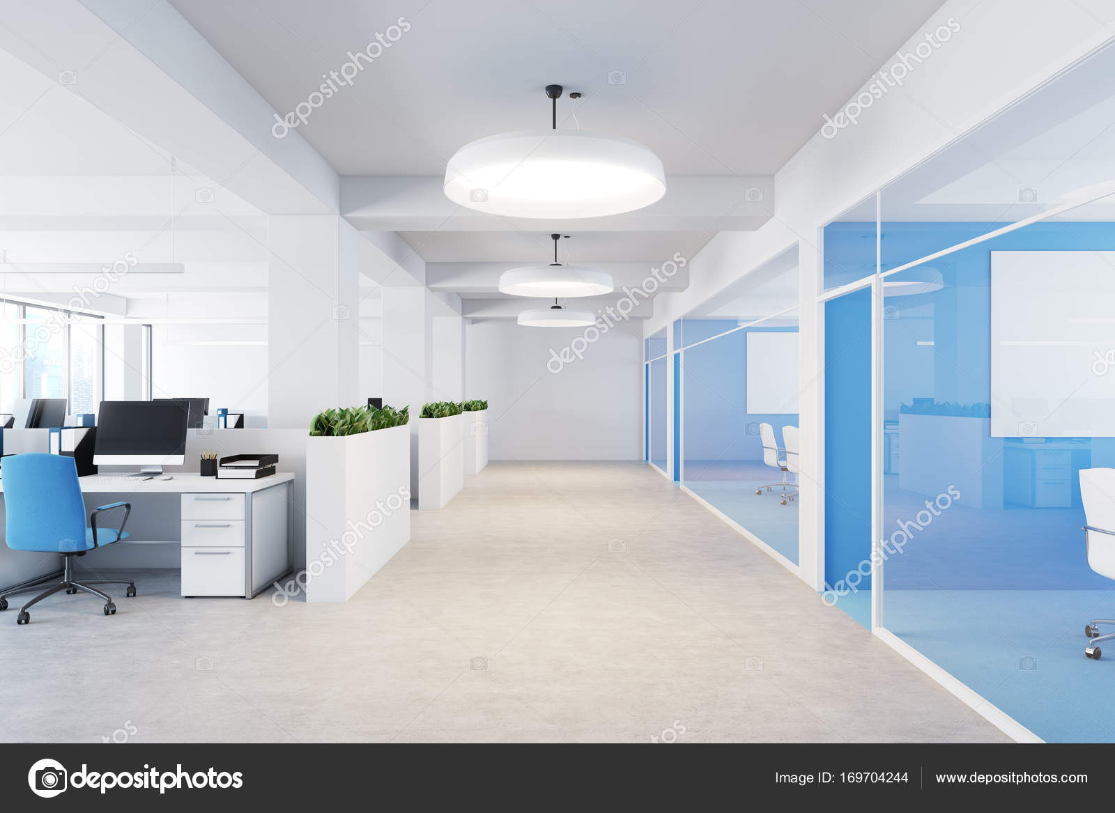 Blue open space office interior Stock Photo by ©denisismagilov 169704244