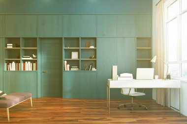 Beyaz yatak odası ve ev ofis iç yan tonda
