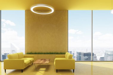 Office, sarı kanepeler, yan alanda bekleyen