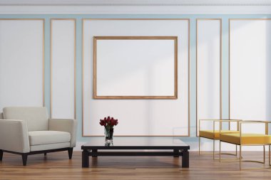 Beyaz ve yeşil oturma odası, koltuk, poster