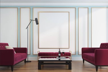 Beyaz ve yeşil oturma odası, kırmızı koltuklar