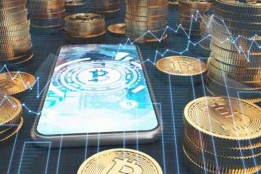 Mavi ekran smartphone, bitcoins, grafikler