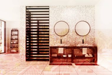 Beyaz banyo, lavabo ve duş, tonda döşenir