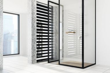 Beyaz karo banyo, cam duş, yan