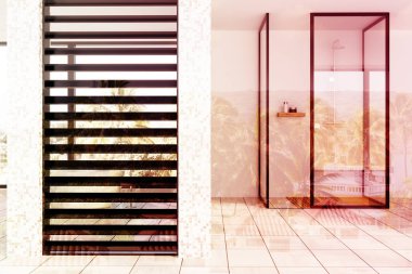 Beyaz banyo, cam duş tonda döşenir