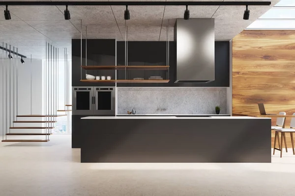 Schwarze Küchentheke, Holz und Beton — Stockfoto