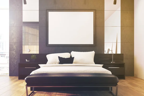 Grijze loft slaapkamer, poster toned — Stockfoto