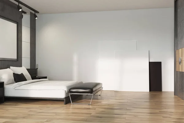 Loft grigio camera da letto, poster al piano — Foto Stock