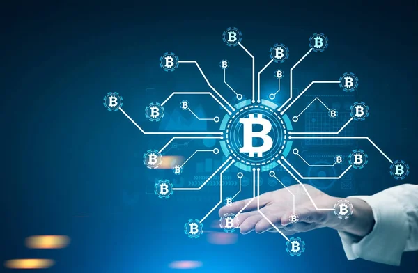 Mano dell'uomo d'affari, rete bitcoin — Foto Stock