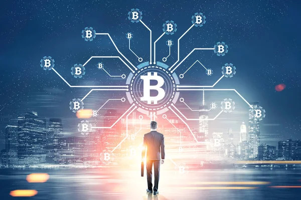 İşadamı, bavul, bitcoin ağ, gece şehir