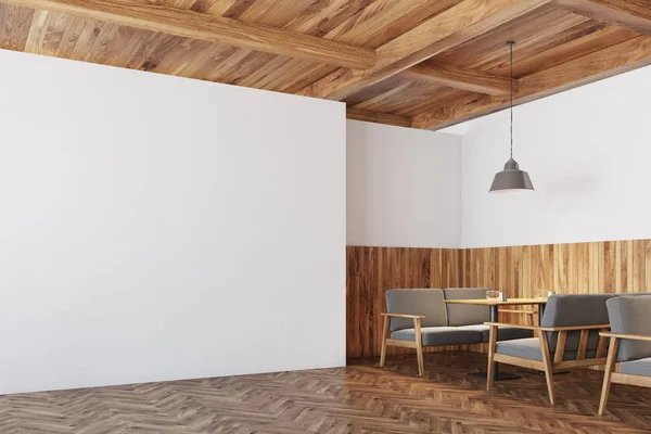 Café drewniane wnętrze, białe ściany narożnika — Zdjęcie stockowe