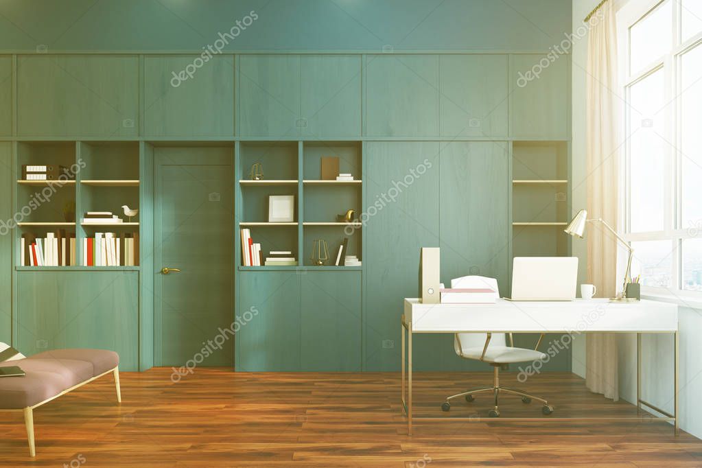 White bedroom and home office interior side toned