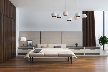 Beyaz ve bej yatak odası iç