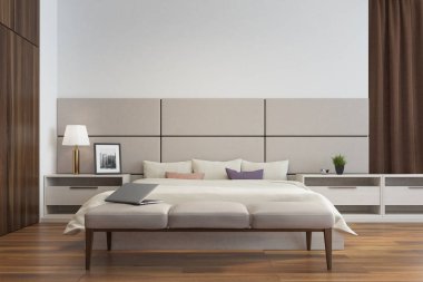 Beyaz ve bej yatak odası iç yakın çekim