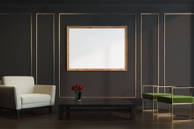 Siyah ve altın oturma odası, koltuk, poster