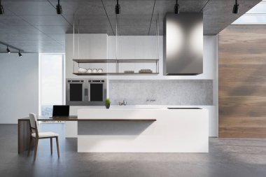 Beyaz ve ahşap mutfak tezgahı