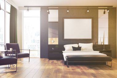 Gri çatı katı yatak odası, tonda poster yan