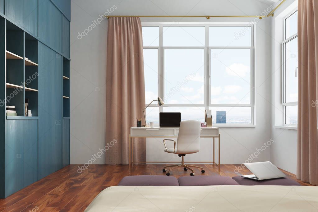 White bedroom and home office interior