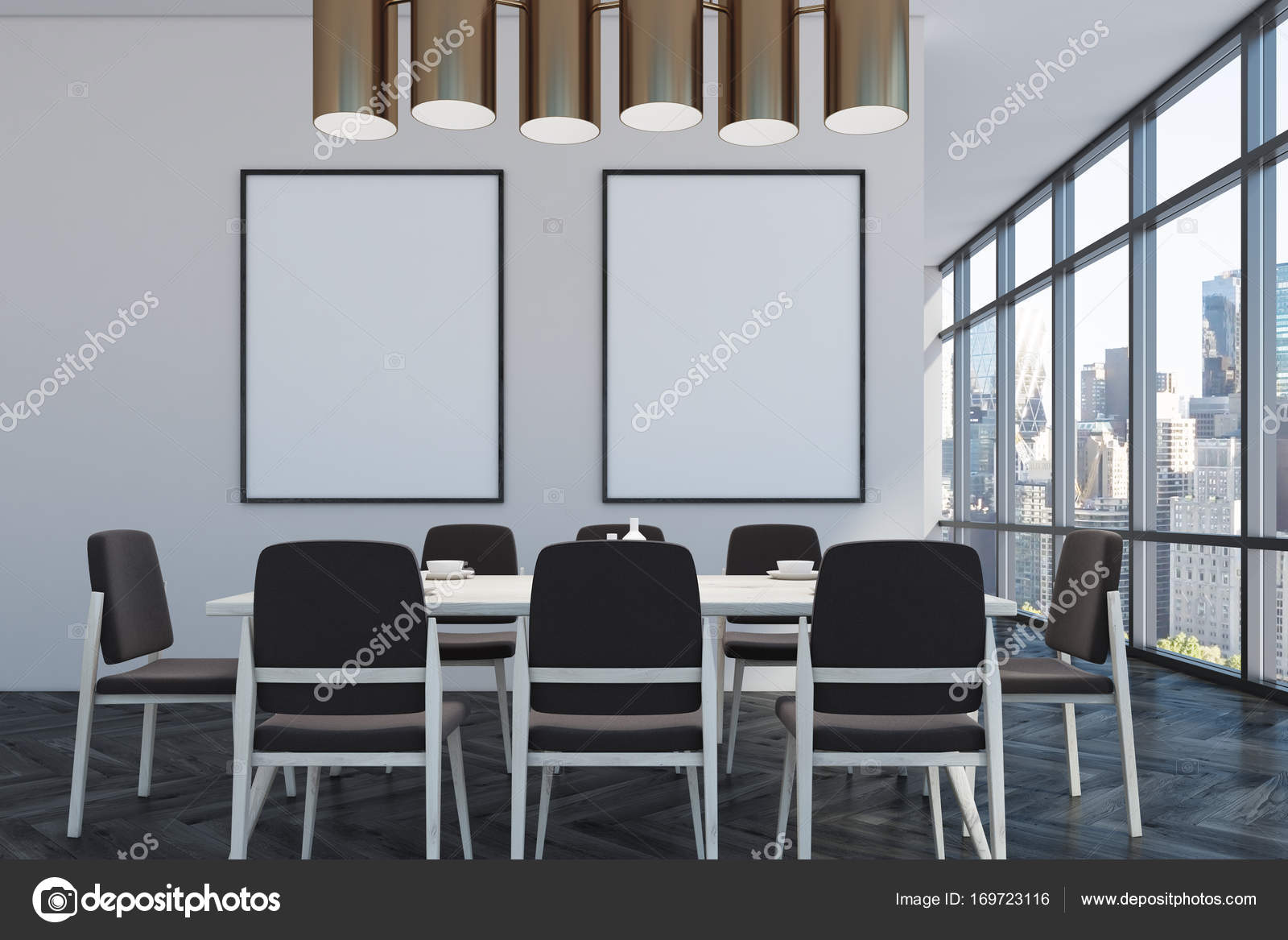 Dining Room With Two Posters Black Chairs Stock Photo Dining Room Interior With Loft Windows White Walls And A Black Wooden Floor Long Table Chairs Two Posters On The Wall