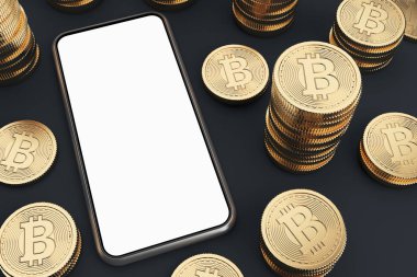Boş ekran smartphone, bitcoins, üstten görünüm