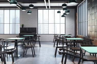 Beyaz tuğla kafe iç, pencere