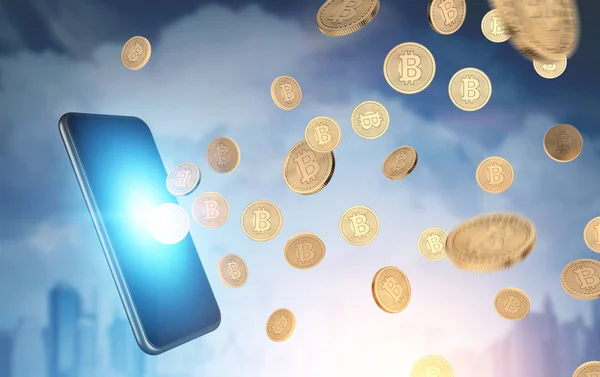 Smartphone, bitcoins, paisaje urbano — Foto de Stock