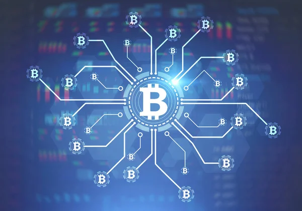 Bitcoin ağ, mavi arka plan — Stok fotoğraf