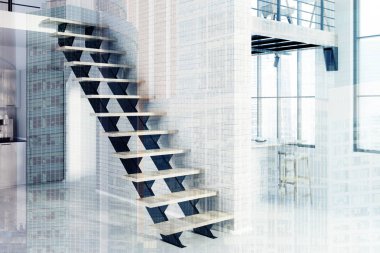 Beyaz tuğla mutfak, siyah merdiven, tonda yan görünüm