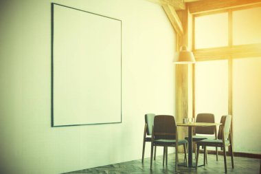 Beyaz ve ahşap kafe iç, tonda poster