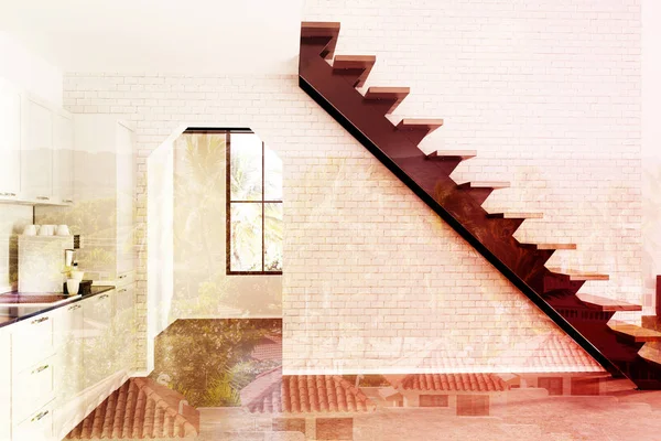 Beyaz tuğla mutfak, siyah merdiven tonda
