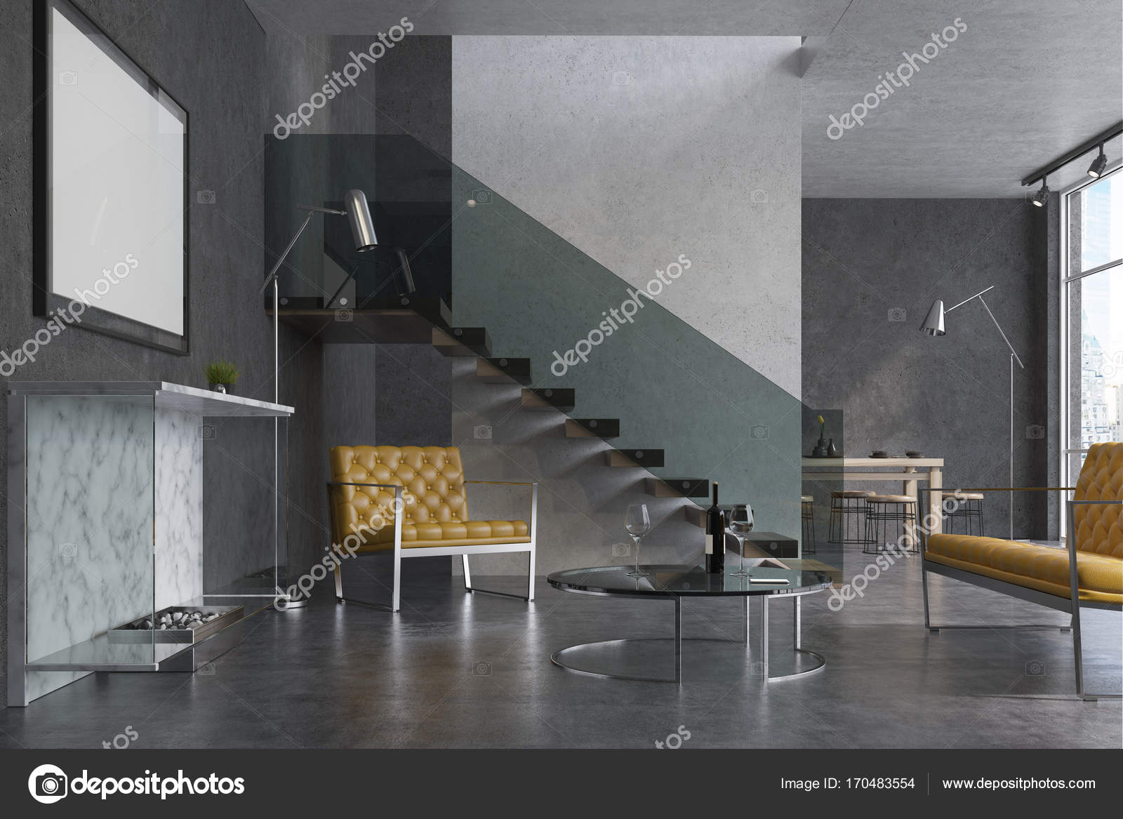 Grigio salotto, camino e poster — foto stock © denisismagilov #170483554 Poster per salotto
