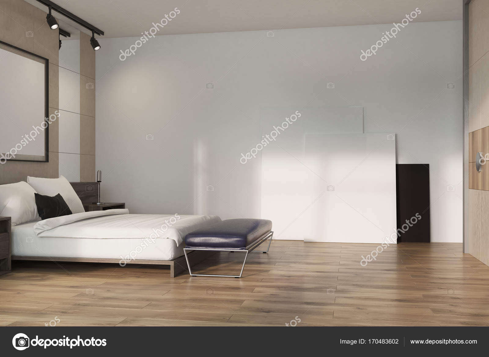 Beige loft slaapkamer, poster op verdieping — Stockfoto ... Beige loft slaapkamer, poster op verdieping — Stockfoto ...