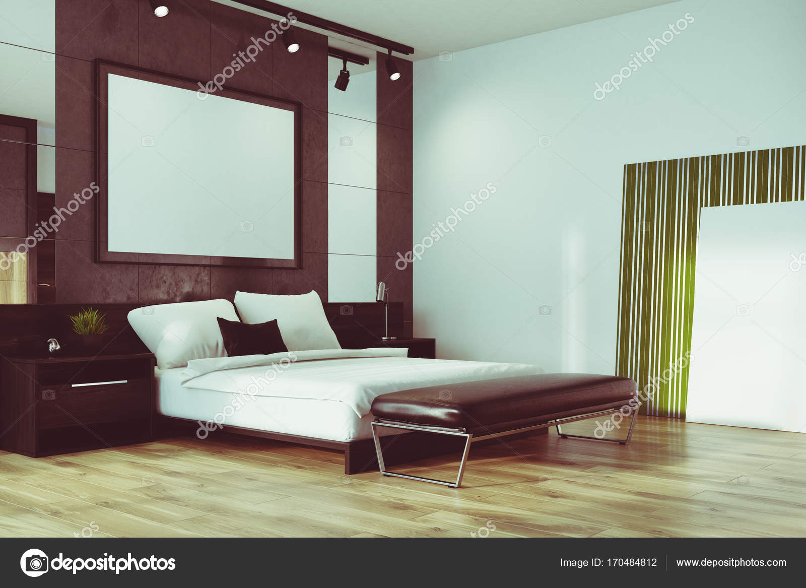 Grijze loft slaapkamer, poster hoek toned — Stockfoto ... Grijze loft slaapkamer, poster hoek toned — Stockfoto ...