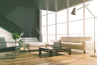 Siyah oturma odası, merdiven, tonlu kanepe