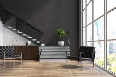 Siyah oturma odası, merdiven, koltuklar