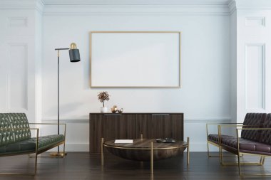 Beyaz oturma odası, kanepeler ve poster