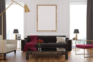 Beyaz oturma odası, koltuk, poster