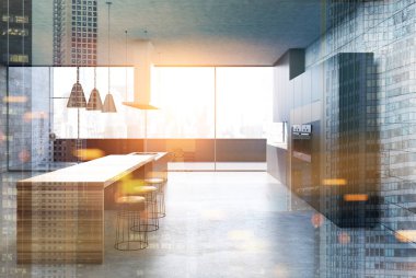 Beton mutfak, siyah dolapları, tonda bar