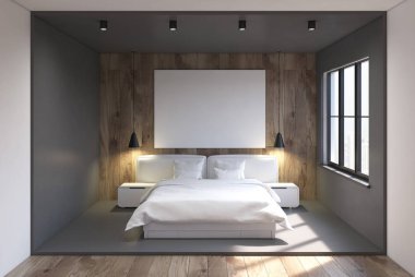 Gri ve ahşap yatak odası iç, poster