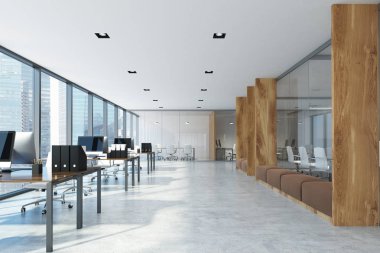 Beyaz ve ahşap açık alan office