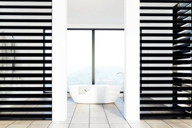 Lüks siyah ve beyaz banyo, beyaz küvet