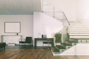 Mermer oturma odası, şömine ve tonda poster